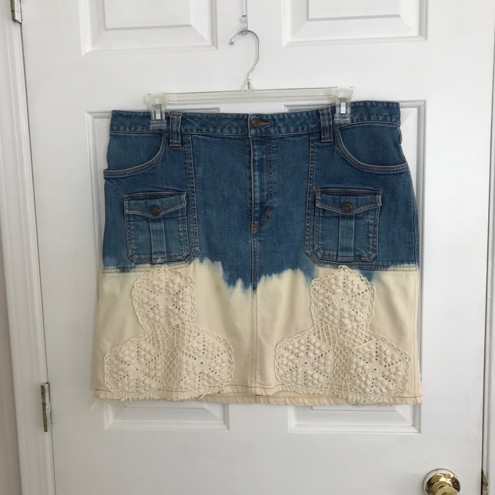 Upcycled Old Navy Boho Festival Concert Dip-Dye Crochet Denim Skirt Size 16/18